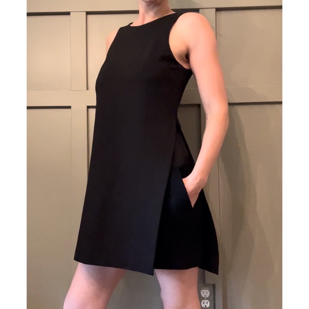 Tibi Black Layered Shift Dress W/ Pockets Scoop Back Wool Blend Size 4